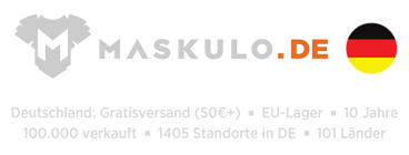 maskulo.de logo and text in German about the 50 EUR threshold for free delivery, shipping from the EU stockroom and that for 10 years more than 100 thousand purchases were delivered to 1405 towns and cities in Germany and 101 countries of the world
