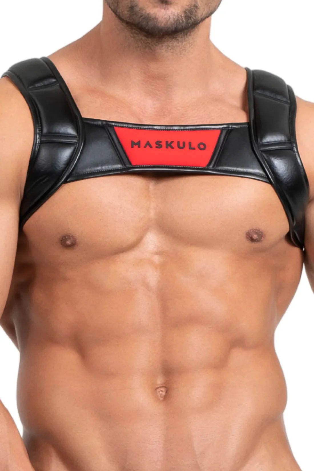 Black and red Bulldog Harness with 3D logo from Maskulo Global (EU) Store. Stylish and durable apparel accessory.