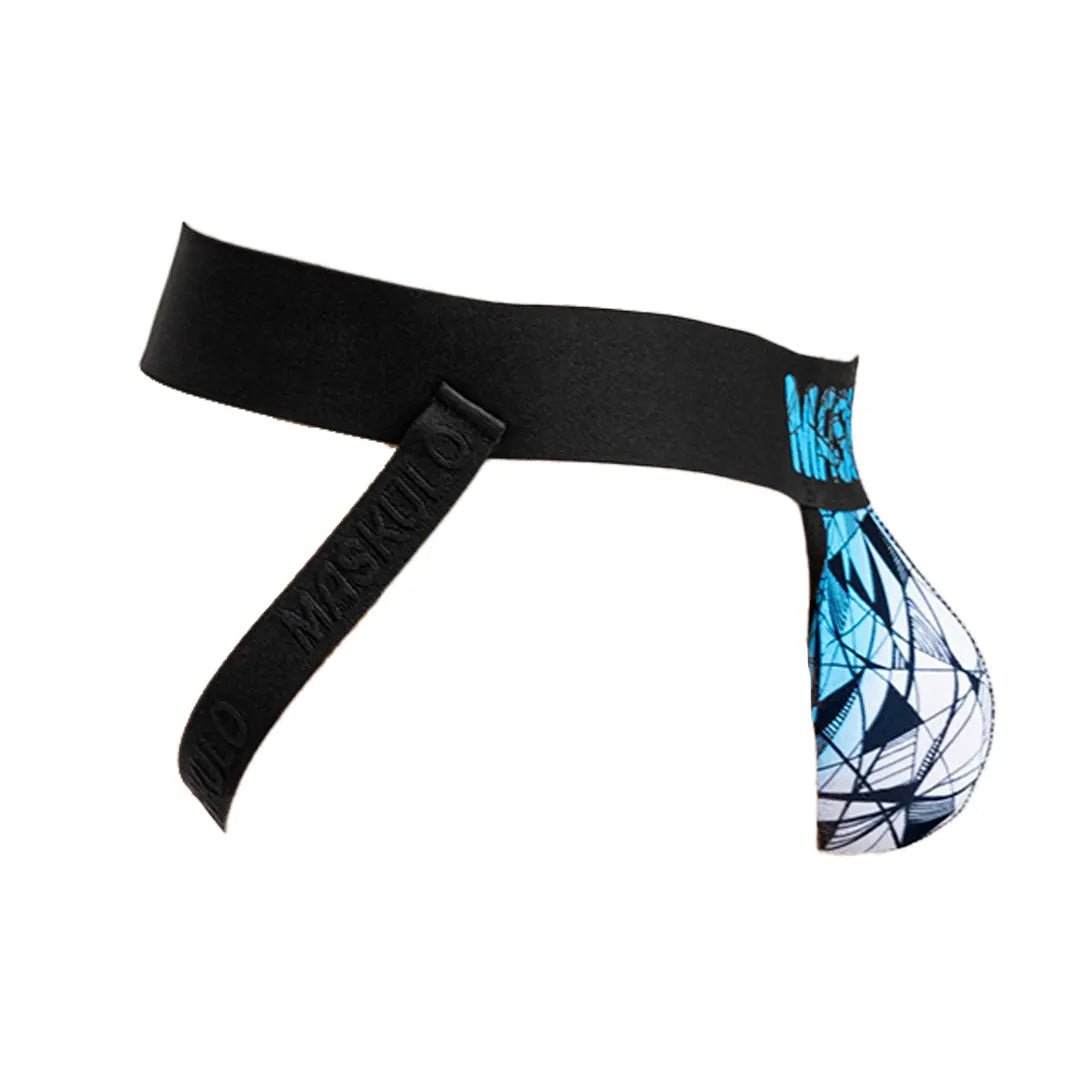Maskulo Armor Jock with Art X Effect in Black and Blue. Stylish and protective jockstrap from the Global EU online store.