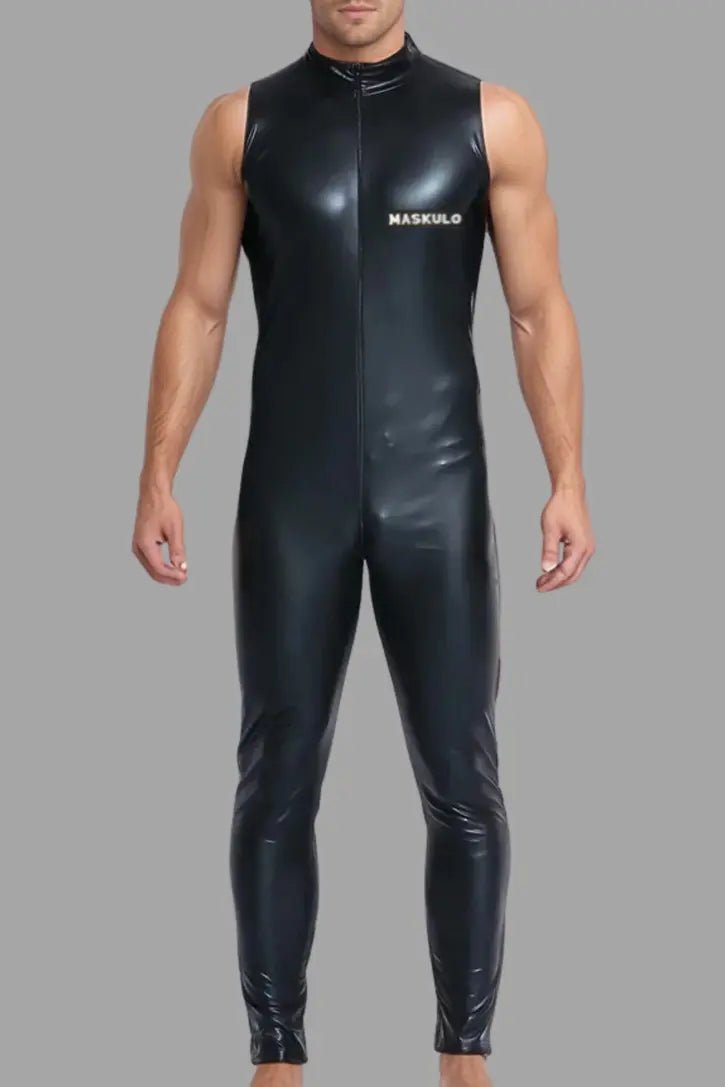 Black PU leather "Ryan Ironbod" sleeveless full suit in size M from Maskulo, price 99. SKU: MST102-Y2. Ideal for adults.