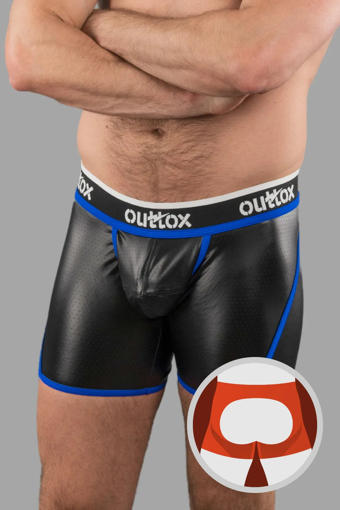 Outtox. Open Rear Shorts with Snap Codpiece. Black and Blue