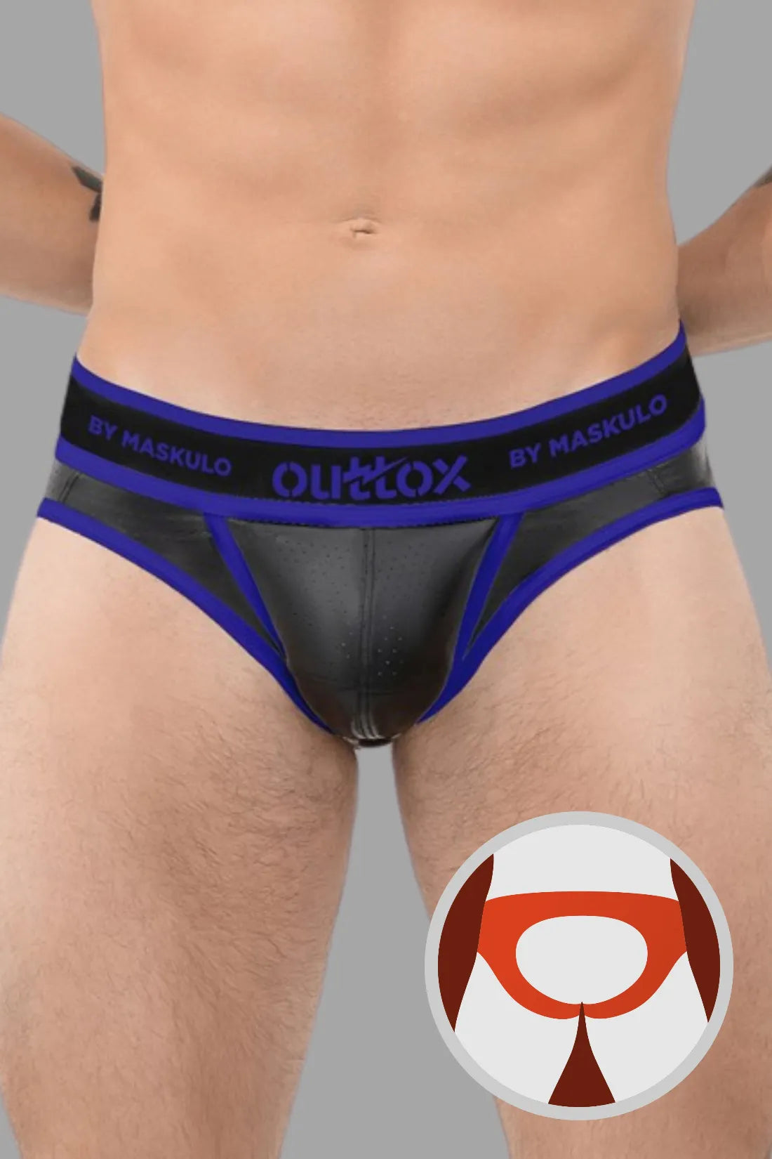 Outtox. Open achterslip met drukknoopsluiting. Blauw