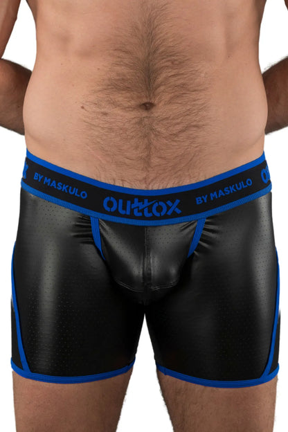 Outtox. Open achtershort met drukknoopsluiting. Blauw