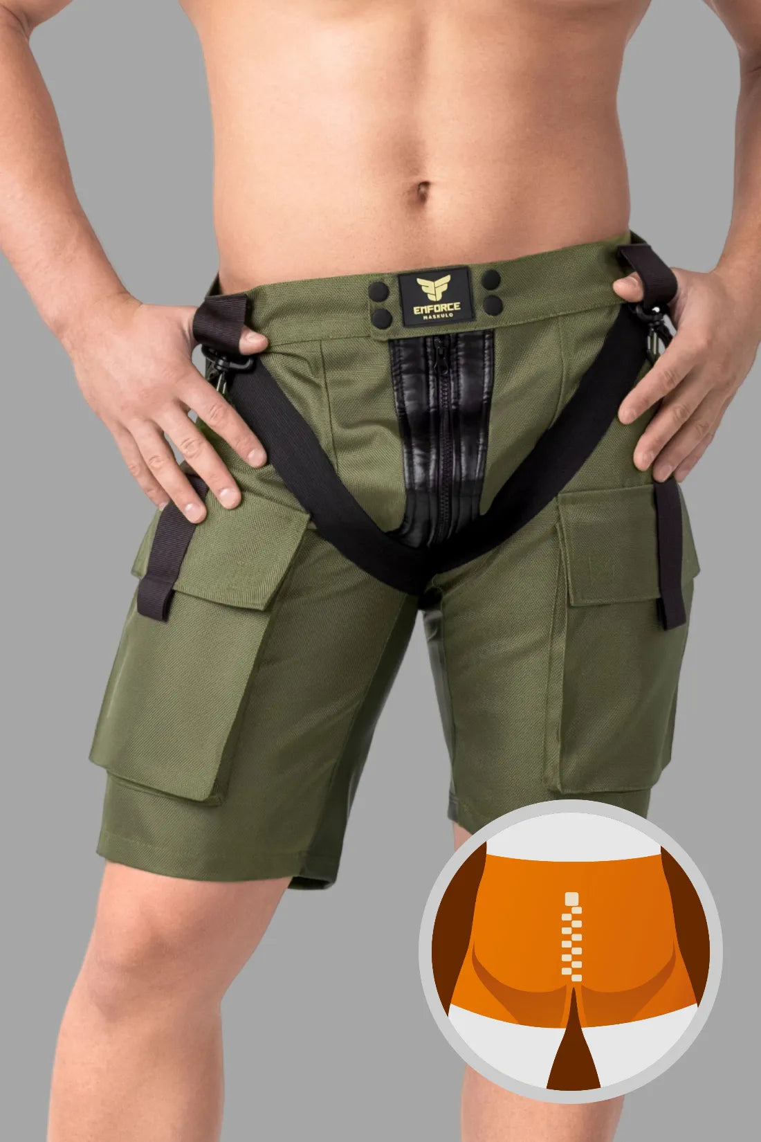 EnForce. Cargoshort met ritssluiting aan twee kanten. Groen &