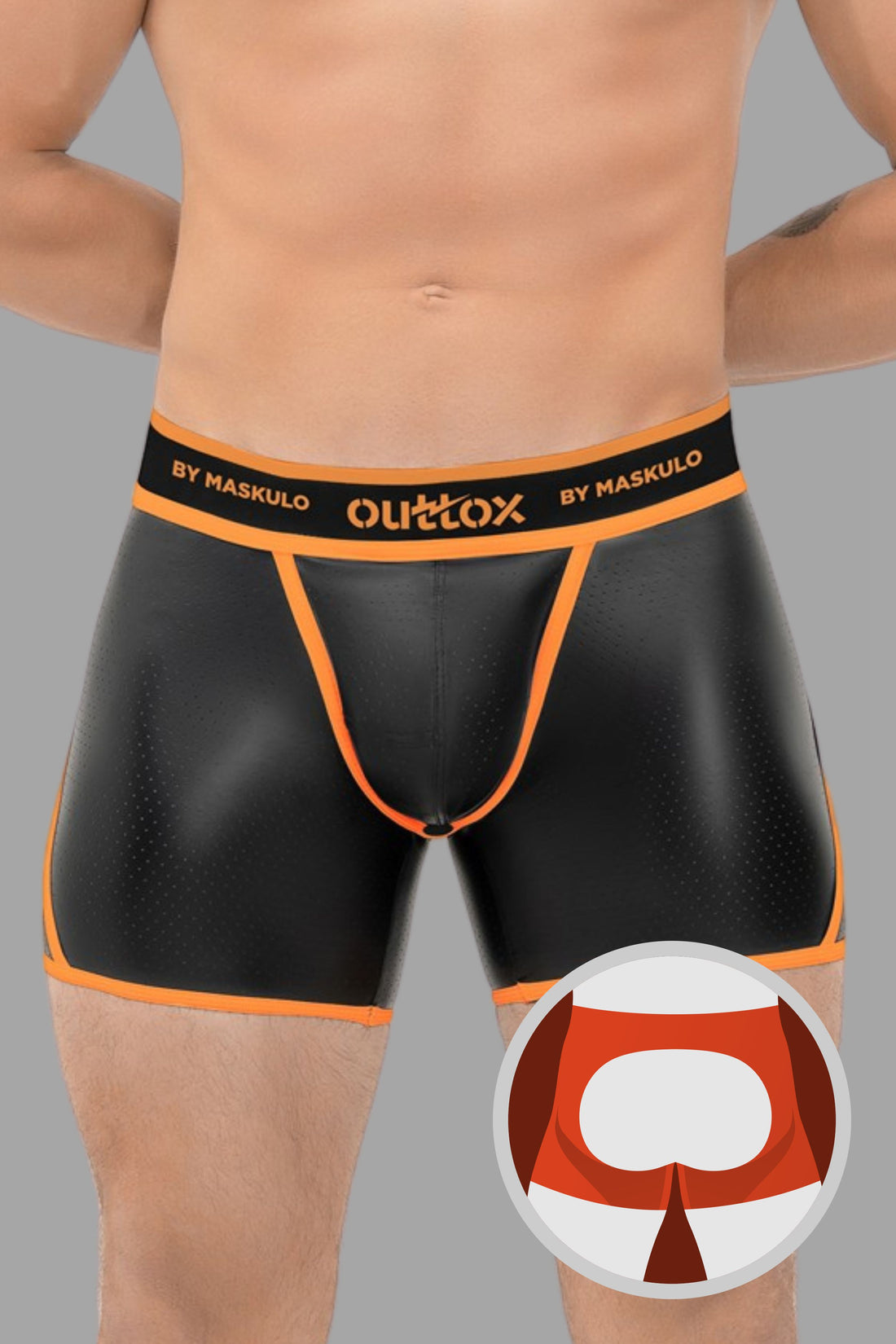 Outtox. Open Rear Shorts with Snap Codpiece. Orange &