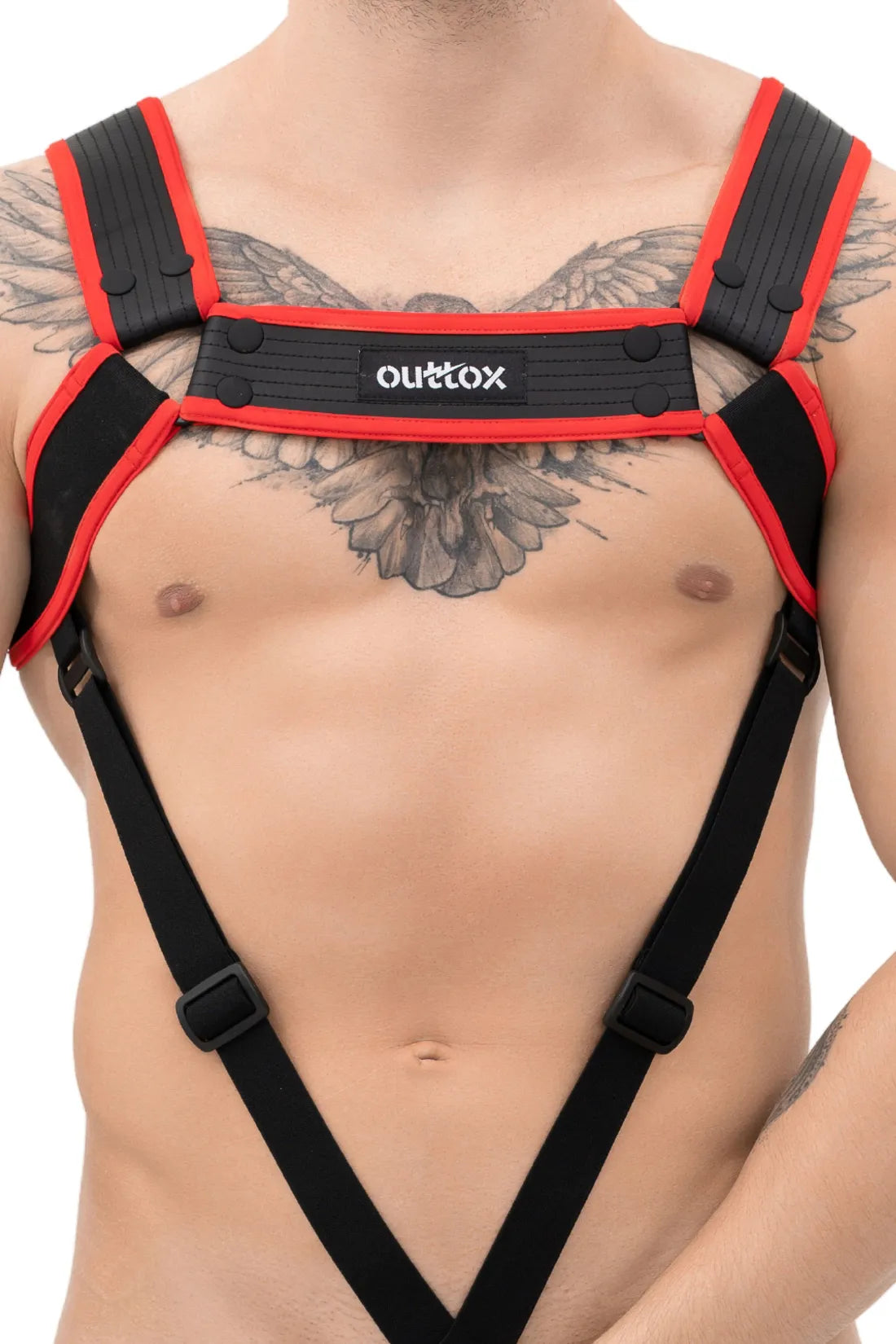 Outtox. Bodyharnas met drukknopen. Zwart+Rood