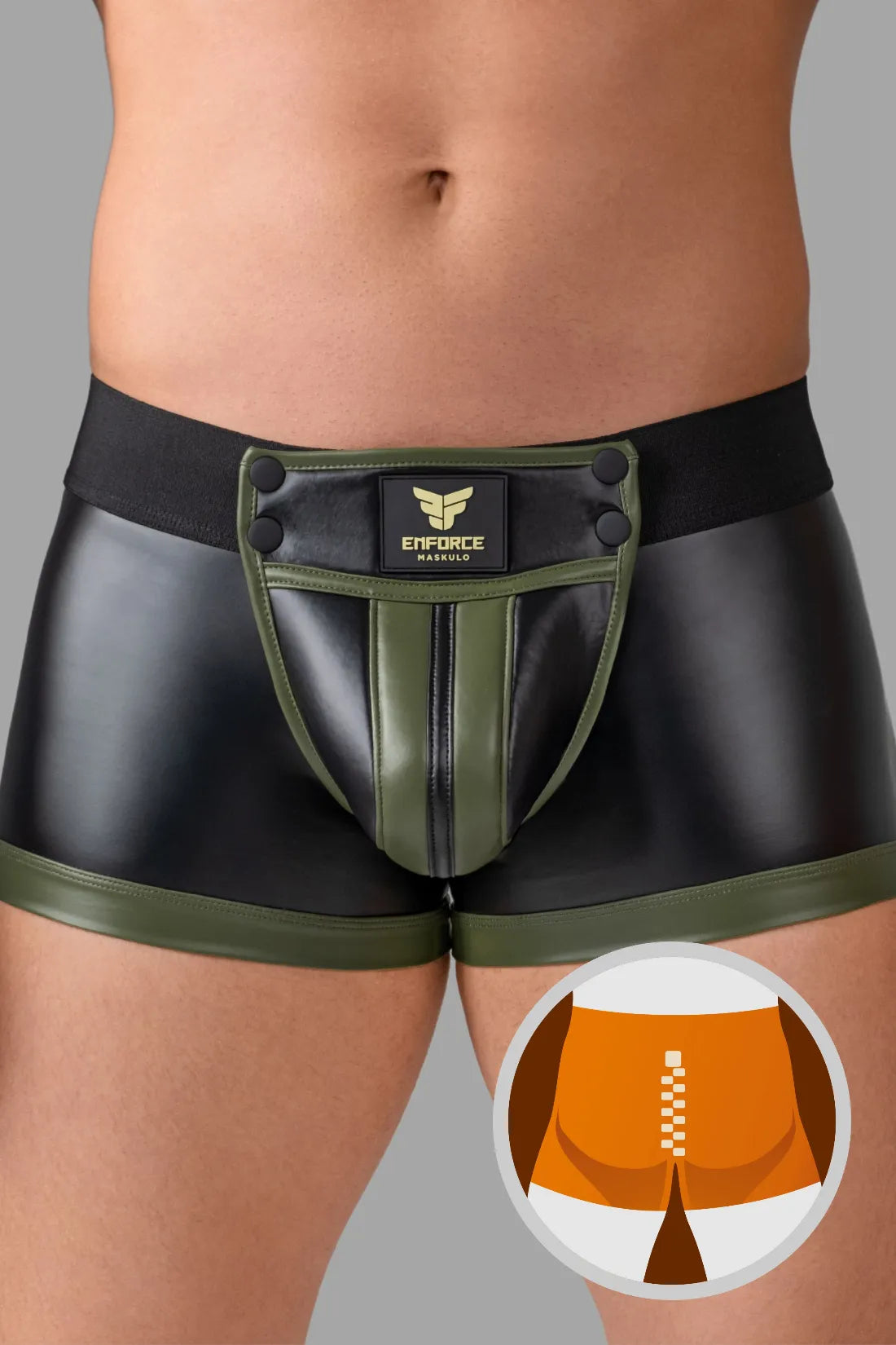 EnForce. Taillehoge Codpiece Trunk-short. Achterkant met ritssluiting. Zwart