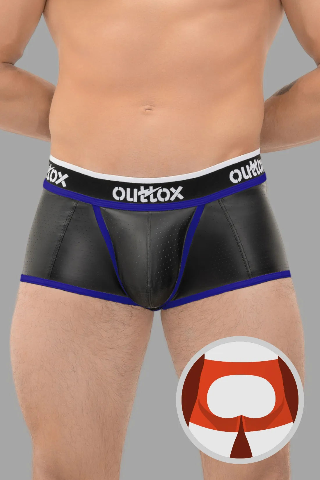 Outtox. Pantalones cortos con parte trasera abierta y bragueta a presión. Negro+Azul &