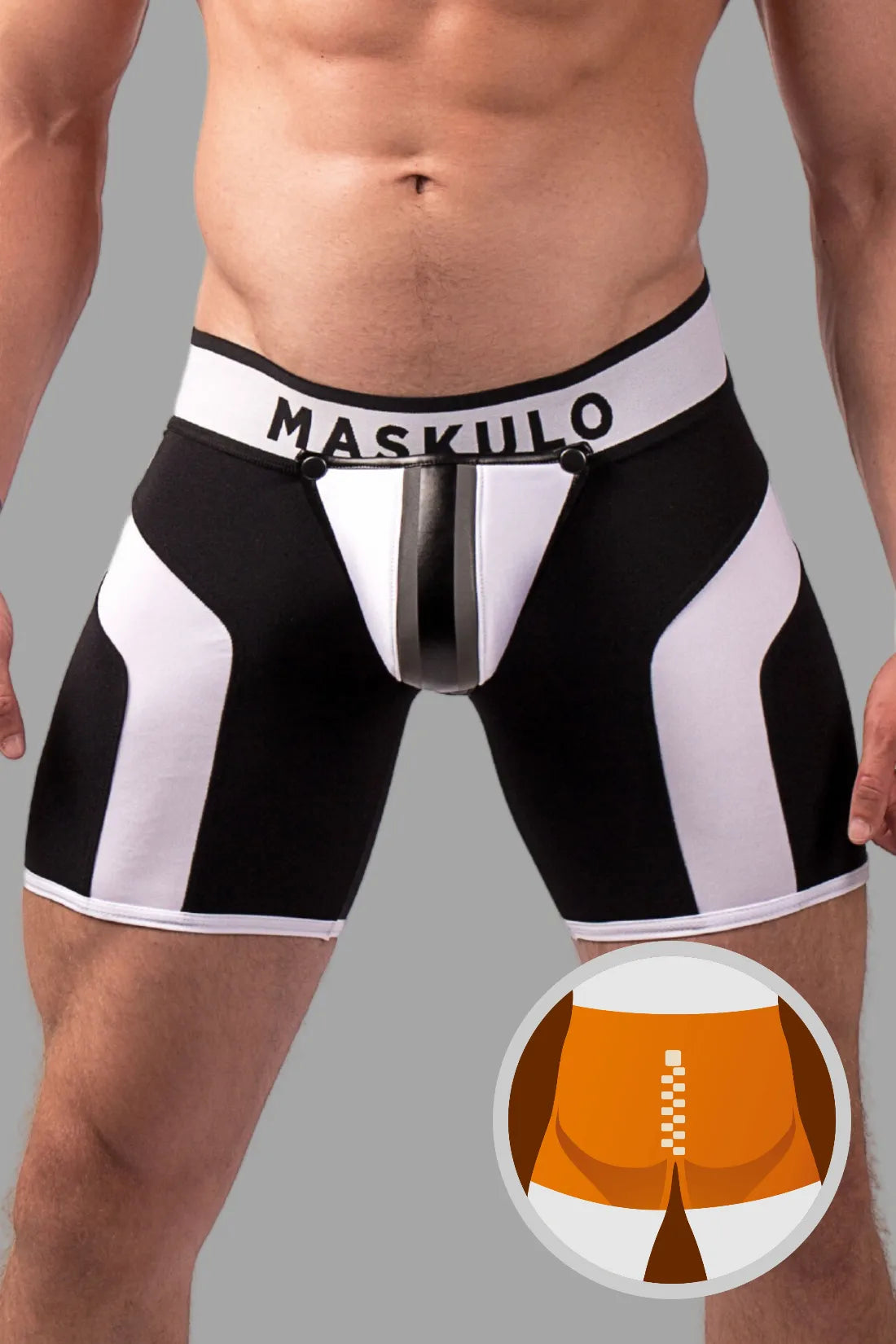 Jovenero. Pantalones cortos de ciclismo Fetish para hombre. Bragueta. Parte trasera con cremallera. Negro+Blanco &