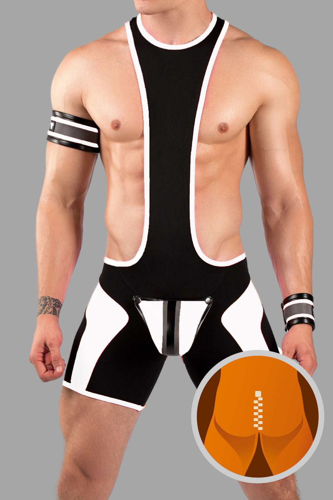Youngero. Wrestling-Unterhemd für Männer. Schamkapsel. Reißverschluss hinten. Schwarz+Weiß „Neon“
