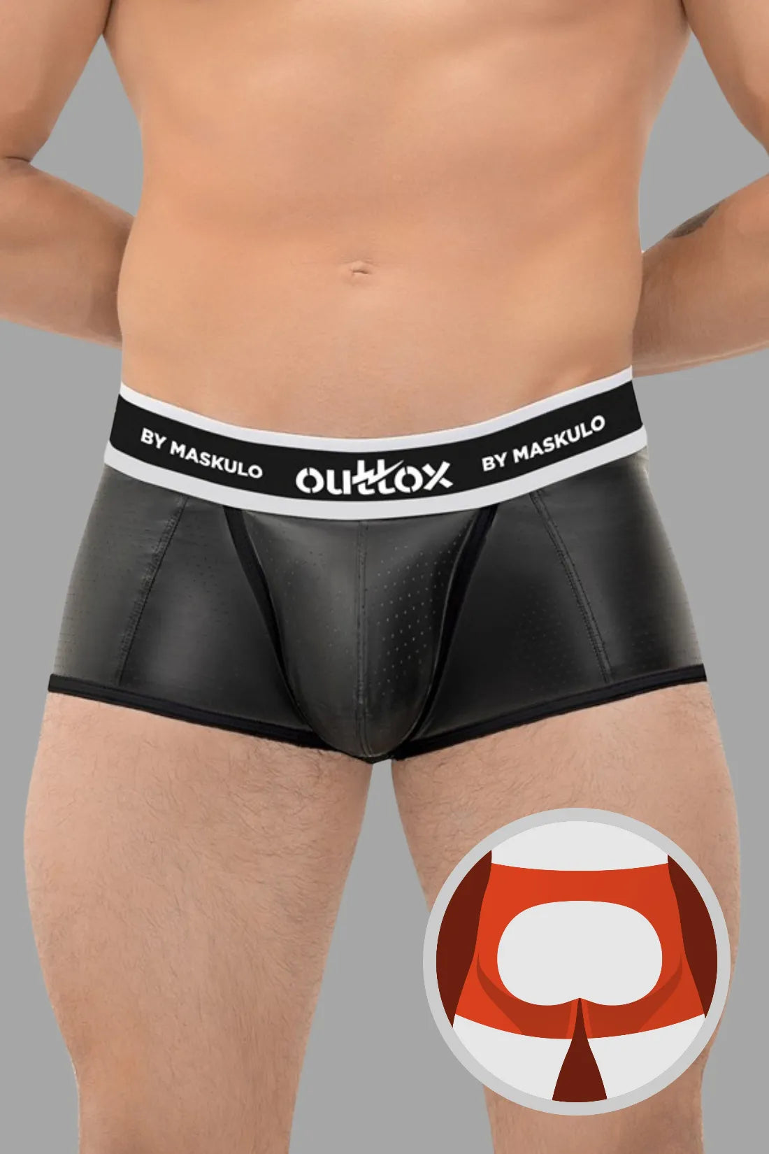 Outtox. Shorts mit offenem Rücken und Druckknopf-Codpiece. Schwarz