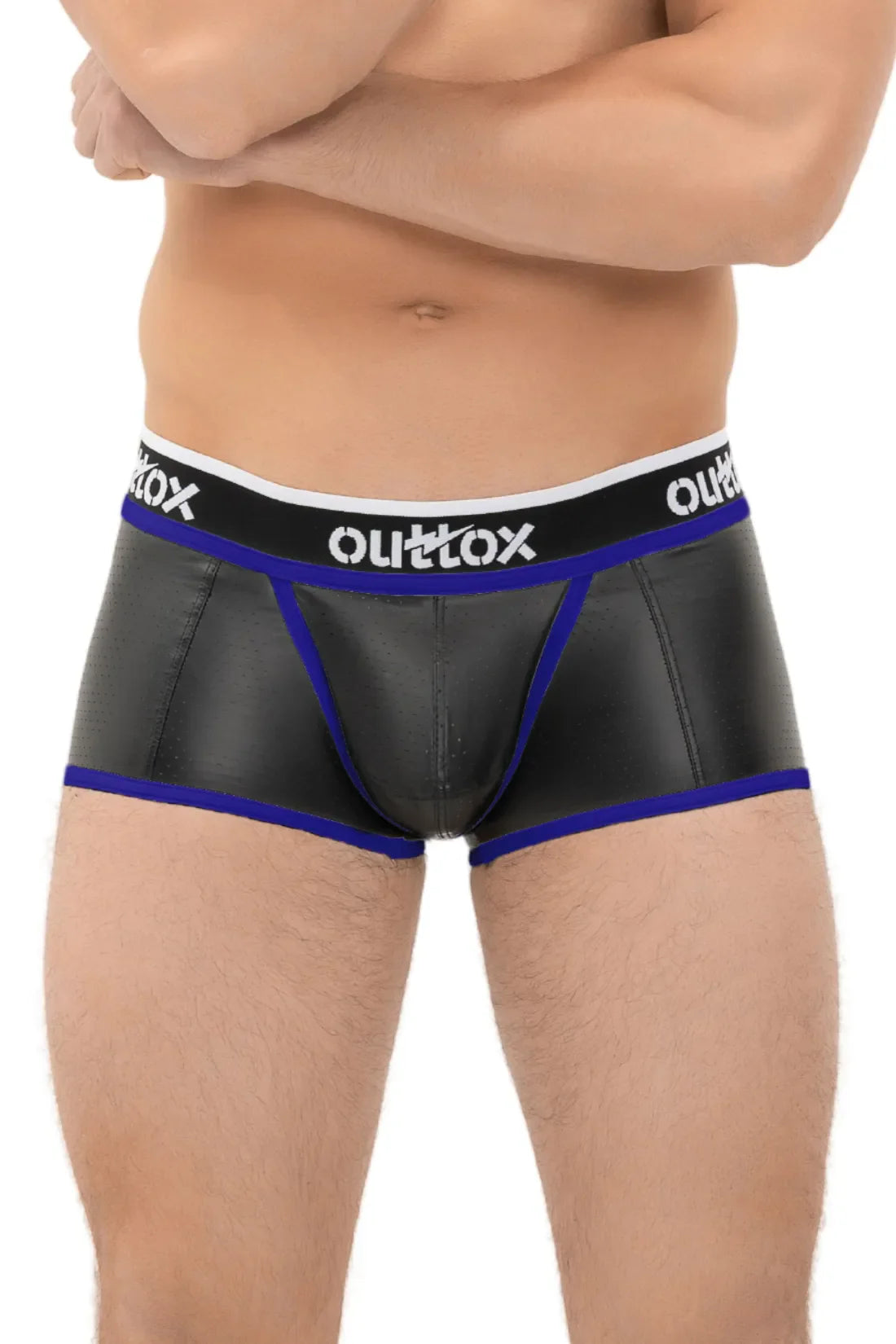 Outtox. Wrapped Rear Trunk Shorts with Snap Codpiece. Black and Blue