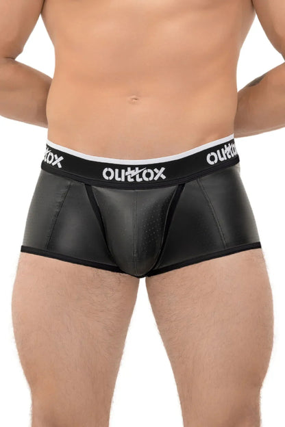 Outtox. Shorts mit offenem Rücken und Druckknopf-Codpiece. Schwarz