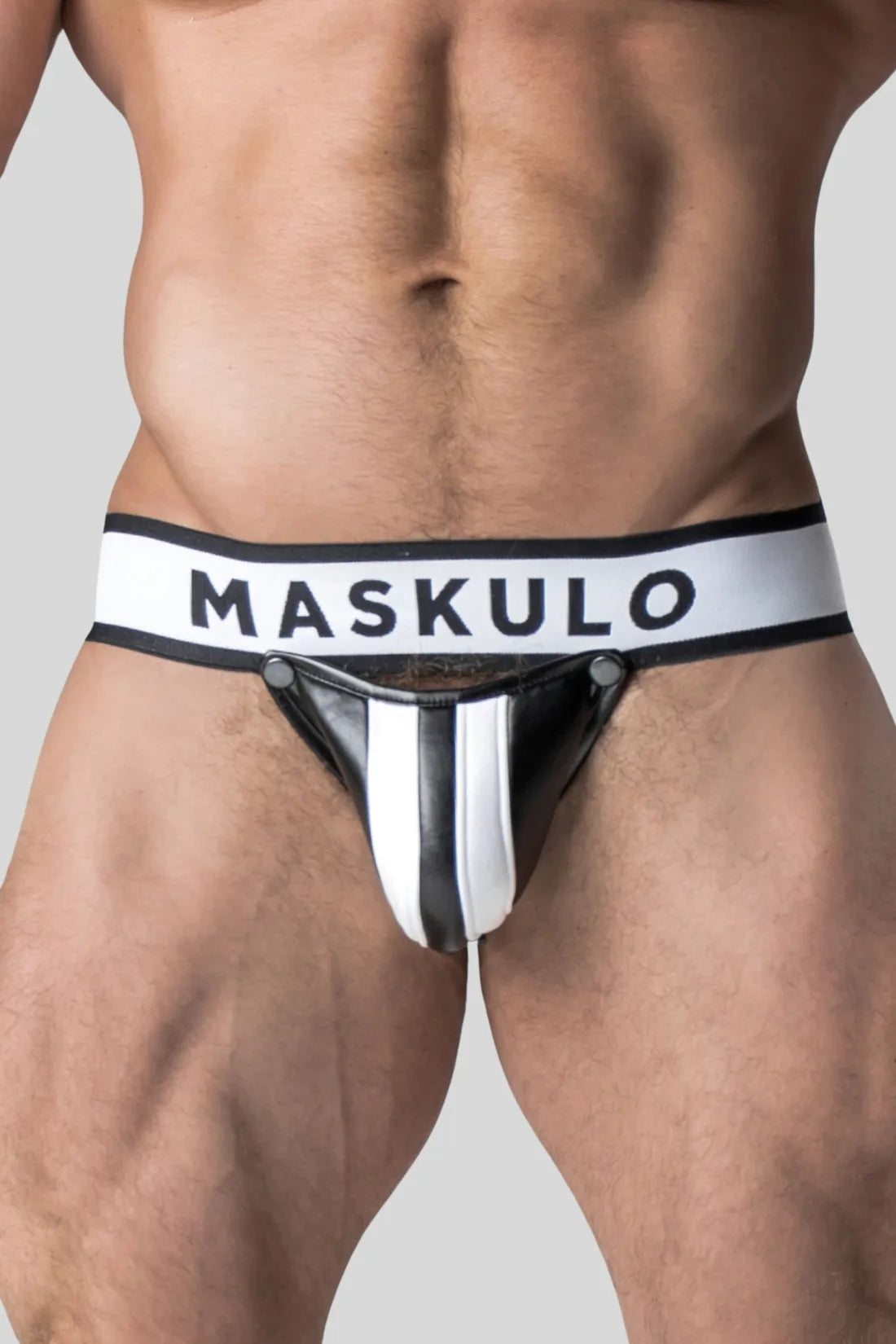 Armé. Jockstrap pour homme. Braguette amovible. Blanc et noir