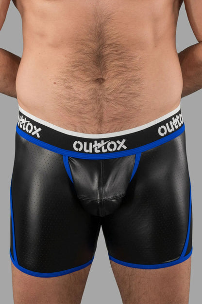 Outtox. Open achtershort met drukknoopsluiting. Blauw