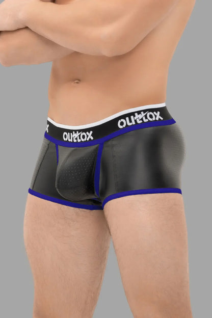 Outtox. Shorts mit offenem Rücken und Druckknopf-Schamkapsel. Schwarz und Blau „Royal“