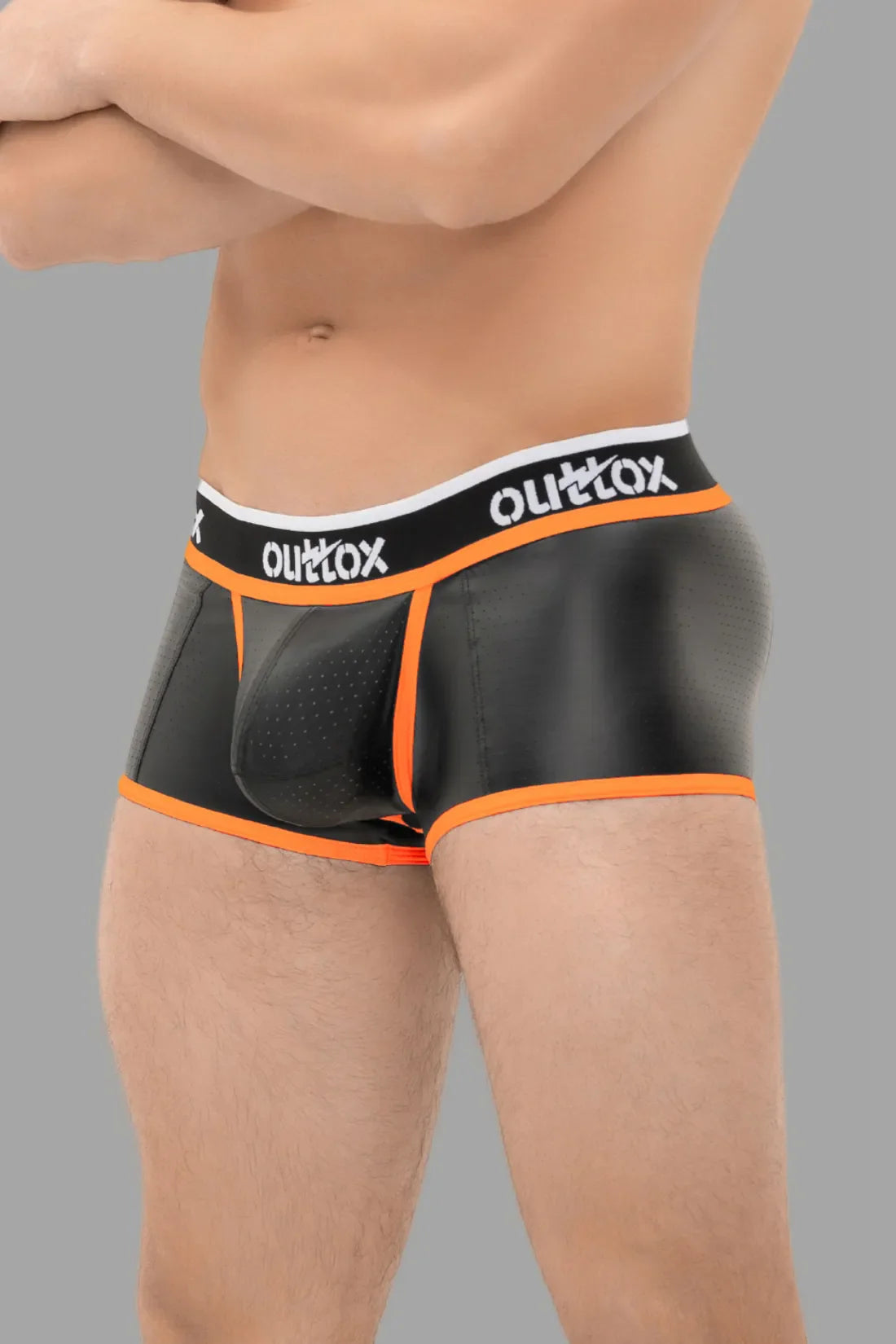 Outtox. Open Rear Trunk Shorts with Snap Codpiece. Black and Orange