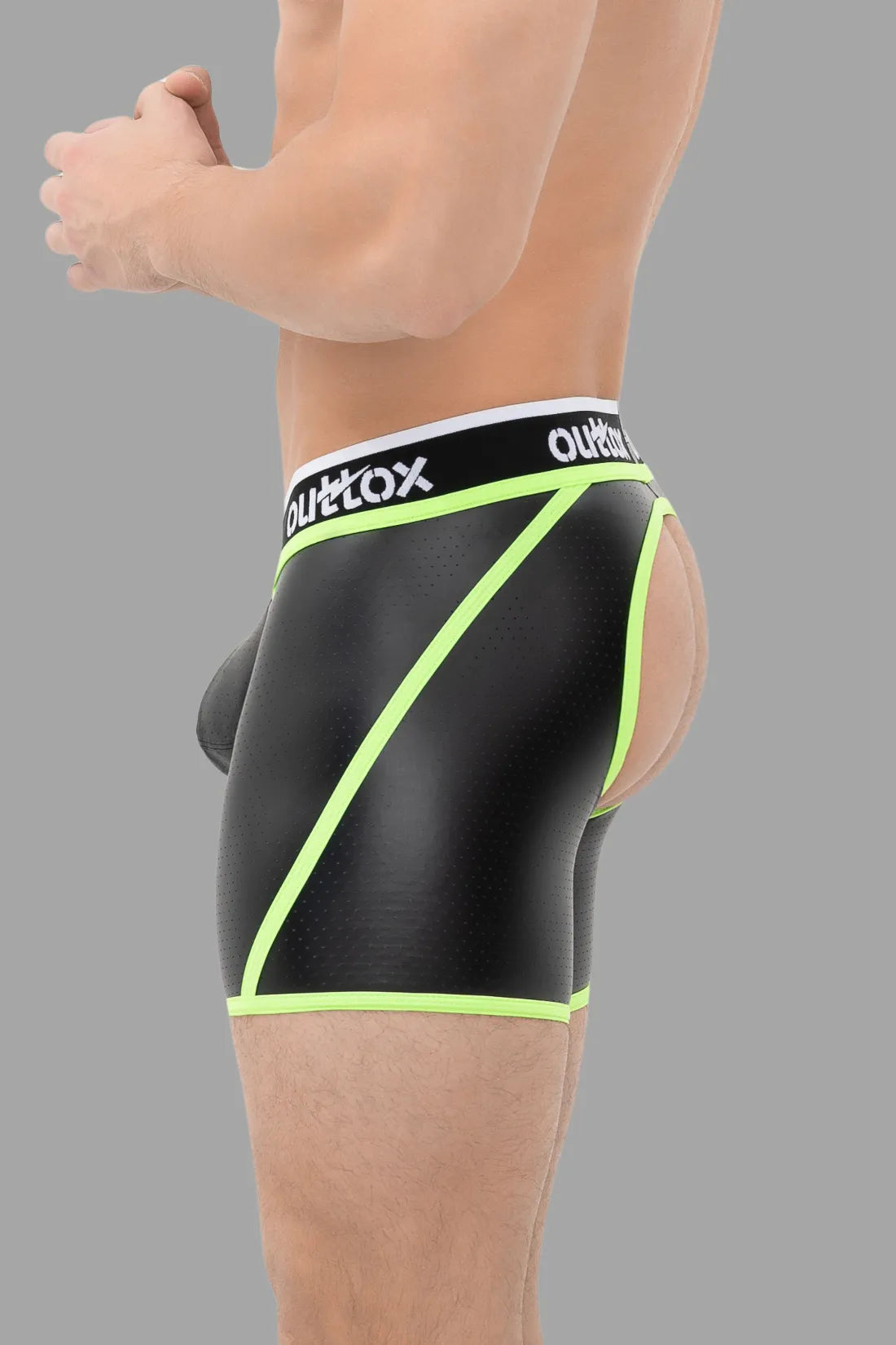 Outtox. Open Rear Shorts with Snap Codpiece. Black and Green &