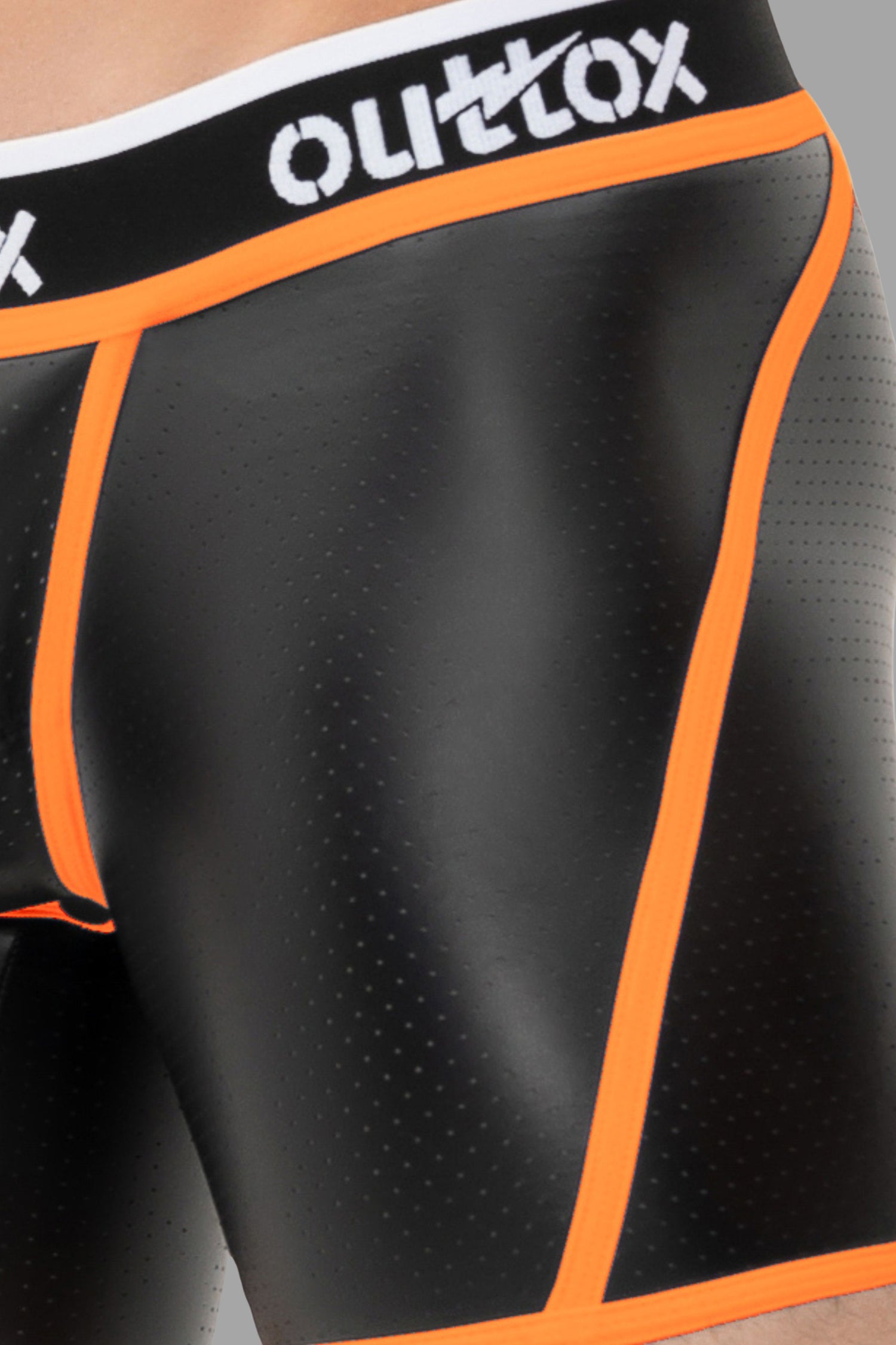 Outtox. Open Rear Shorts with Snap Codpiece. Black+Orange