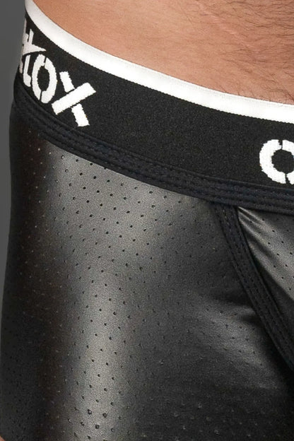 Outtox. Leggings mit Reißverschluss hinten und Druckknopf-Codpiece. Schwarz