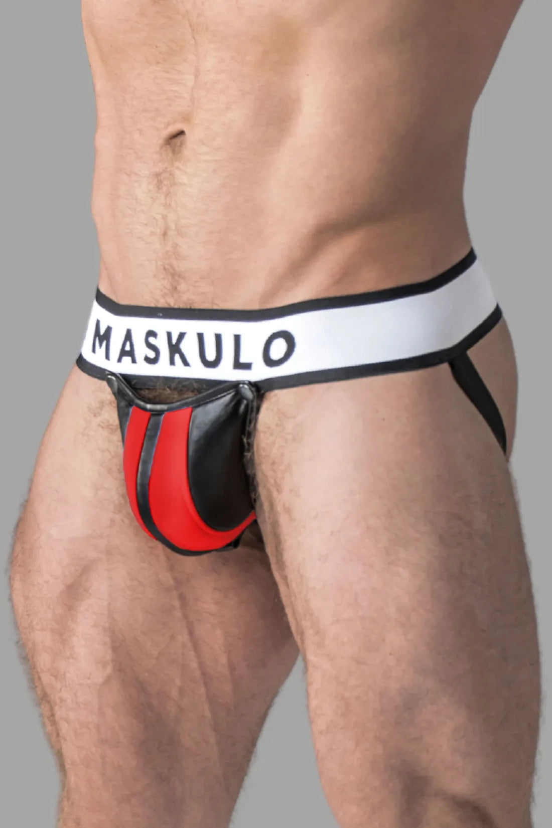 Blindado. Deportista fetichista masculino. Bragueta desmontable. Negro+Rojo