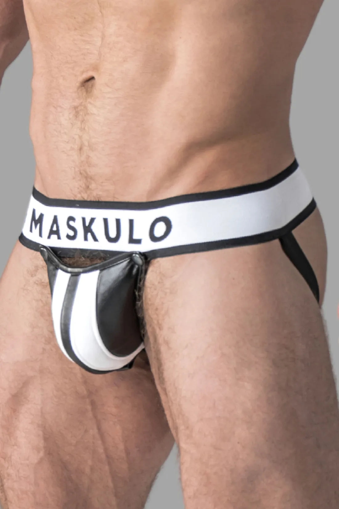 Blindado. Deportista fetichista masculino. Bragueta desmontable. Blanco+Negro