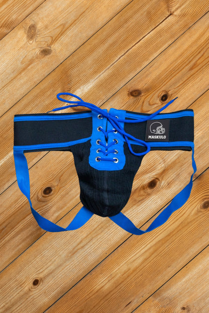 Liam Gridd-Iron, American Football Jockstrap. Zwart + Koningsblauw