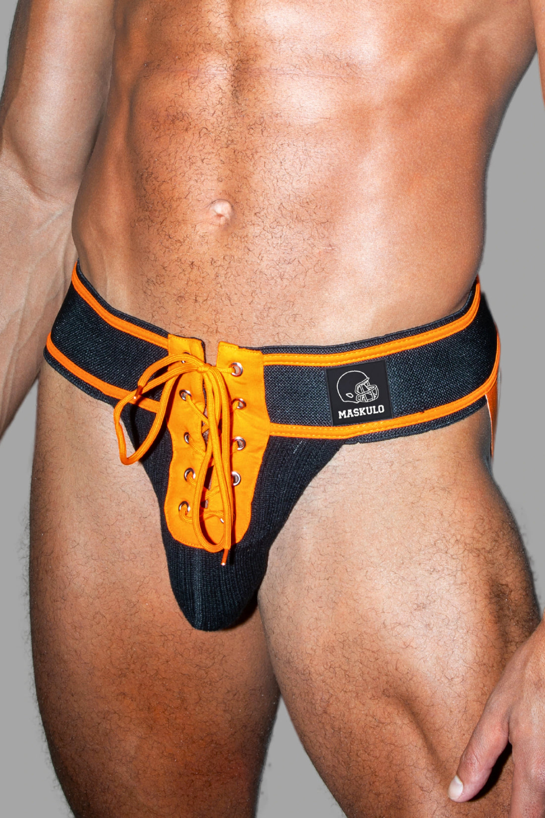 Matt Gridd-Iron, Jockstrap de Fútbol Americano. Negro + Naranja