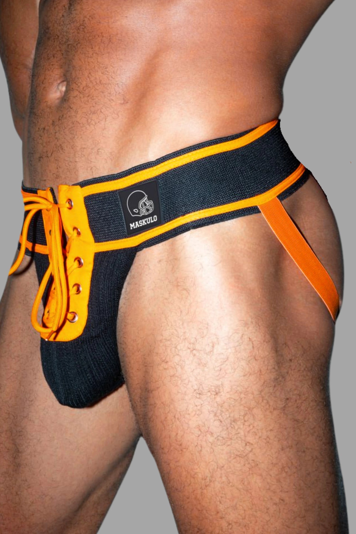 Matt Gridd-Iron, American Football Jockstrap. Zwart + Oranje