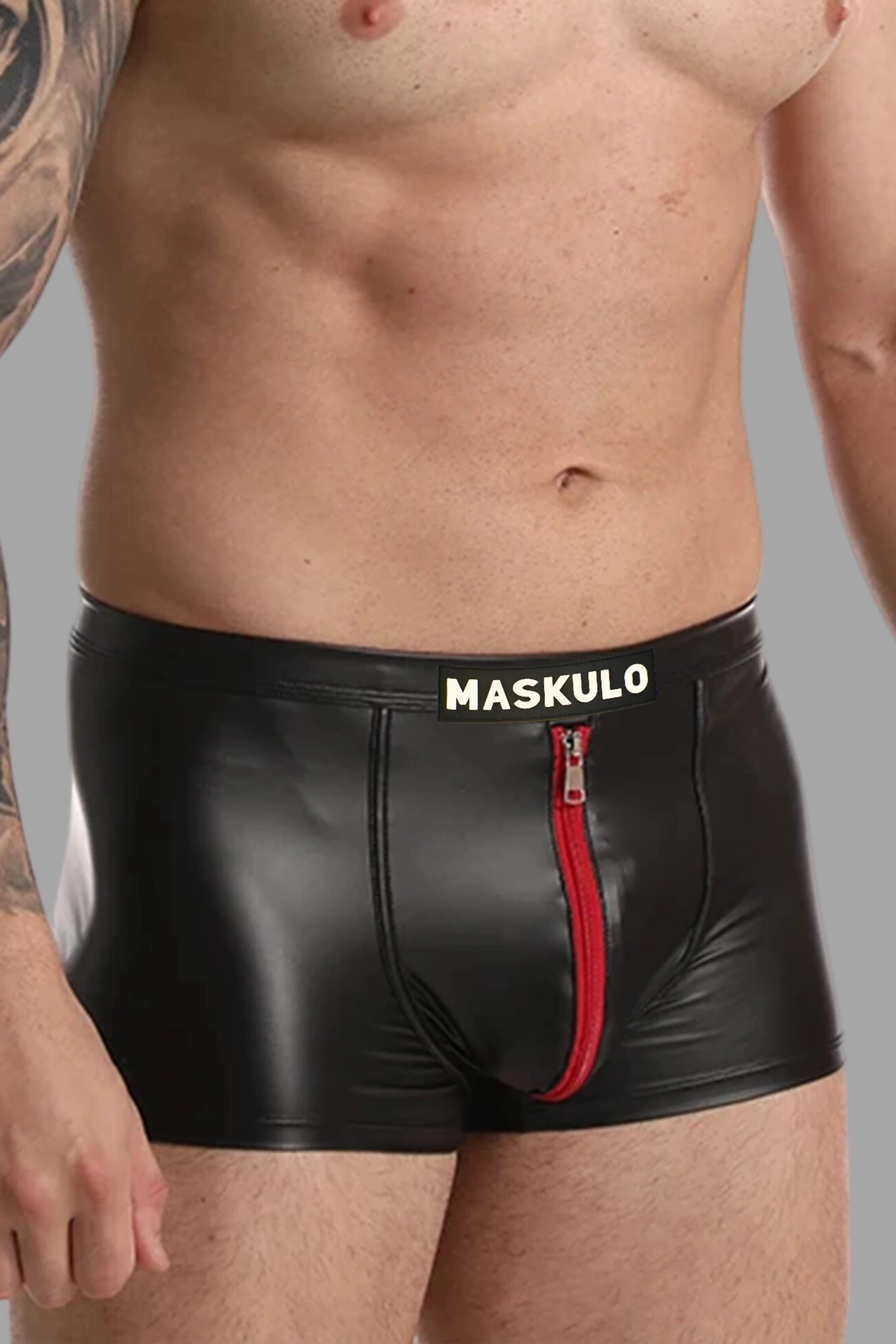 Raff LiquidOil PU Leather Shorts. Black + Red