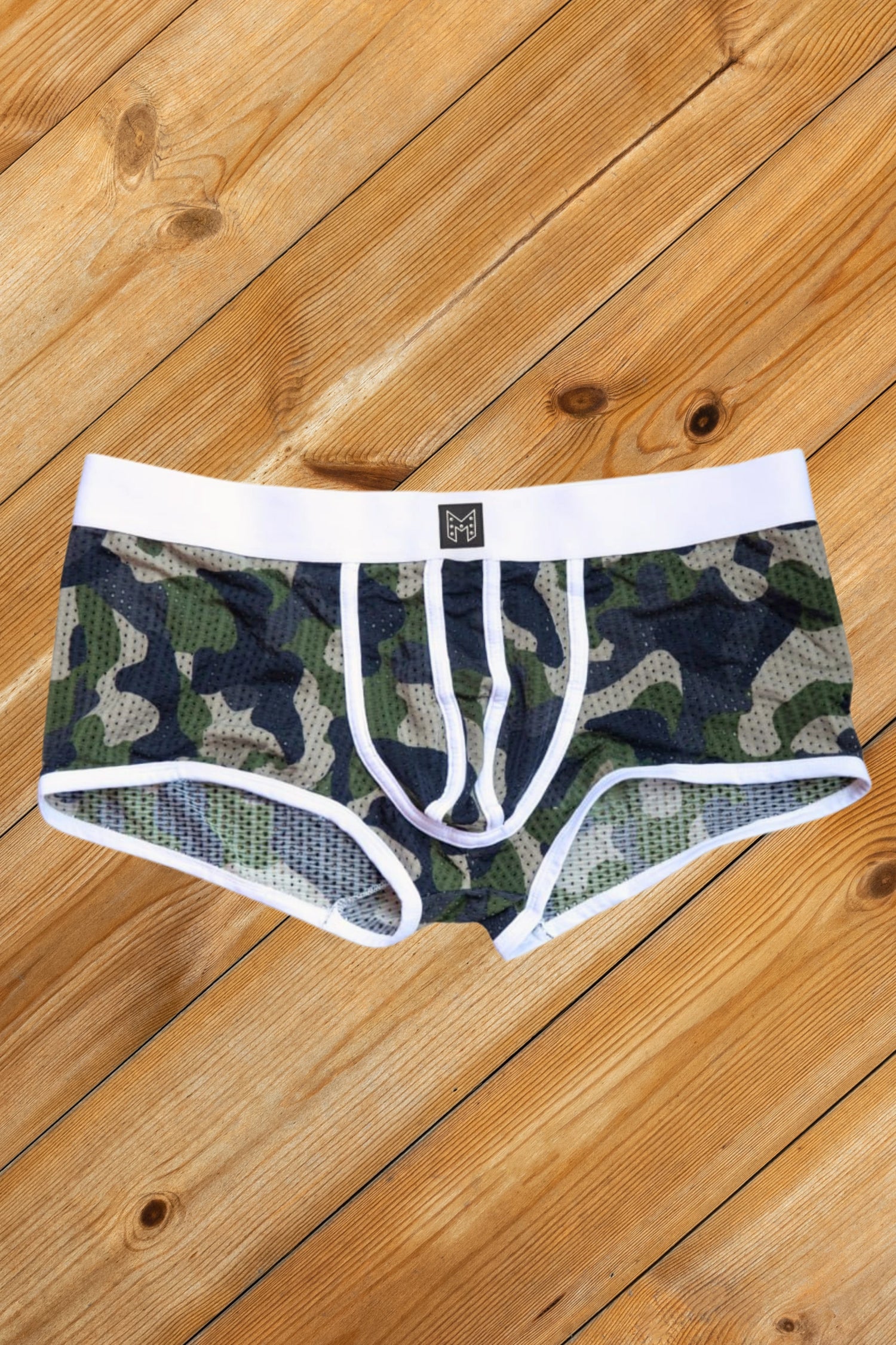 Jim Steelguard Mesh Trunks. Camouflage + White