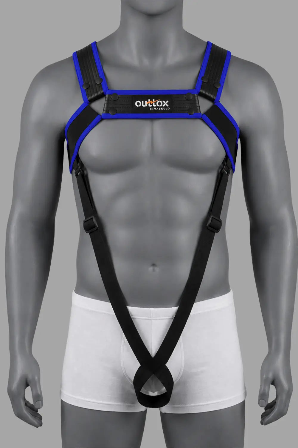 Outtox par Maskulo. Harnais de corps avec boutons-pression. Noir et bleu