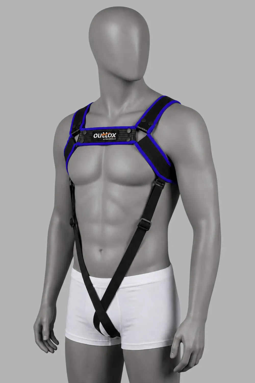 Outtox par Maskulo. Harnais de corps avec boutons-pression. Noir et bleu