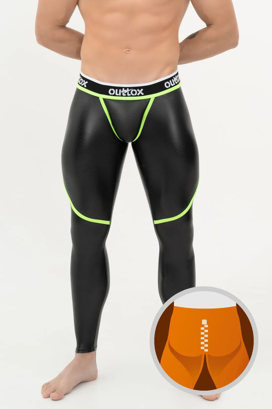 Outtox. Zip-Rear Leggings with Snap Codpiece. Black and Green &