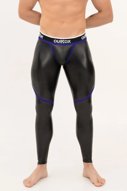 Outtox. Leggings mit Reißverschluss hinten und Druckknopf-Codpiece. Schwarz und Blau „Royal“