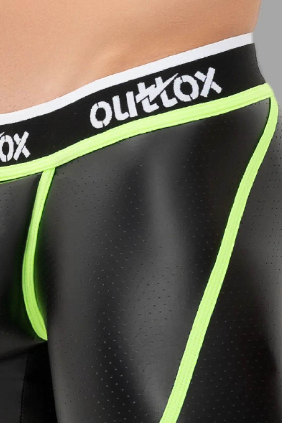 Outtox. Open Rear Shorts with Snap Codpiece. Black and Green &