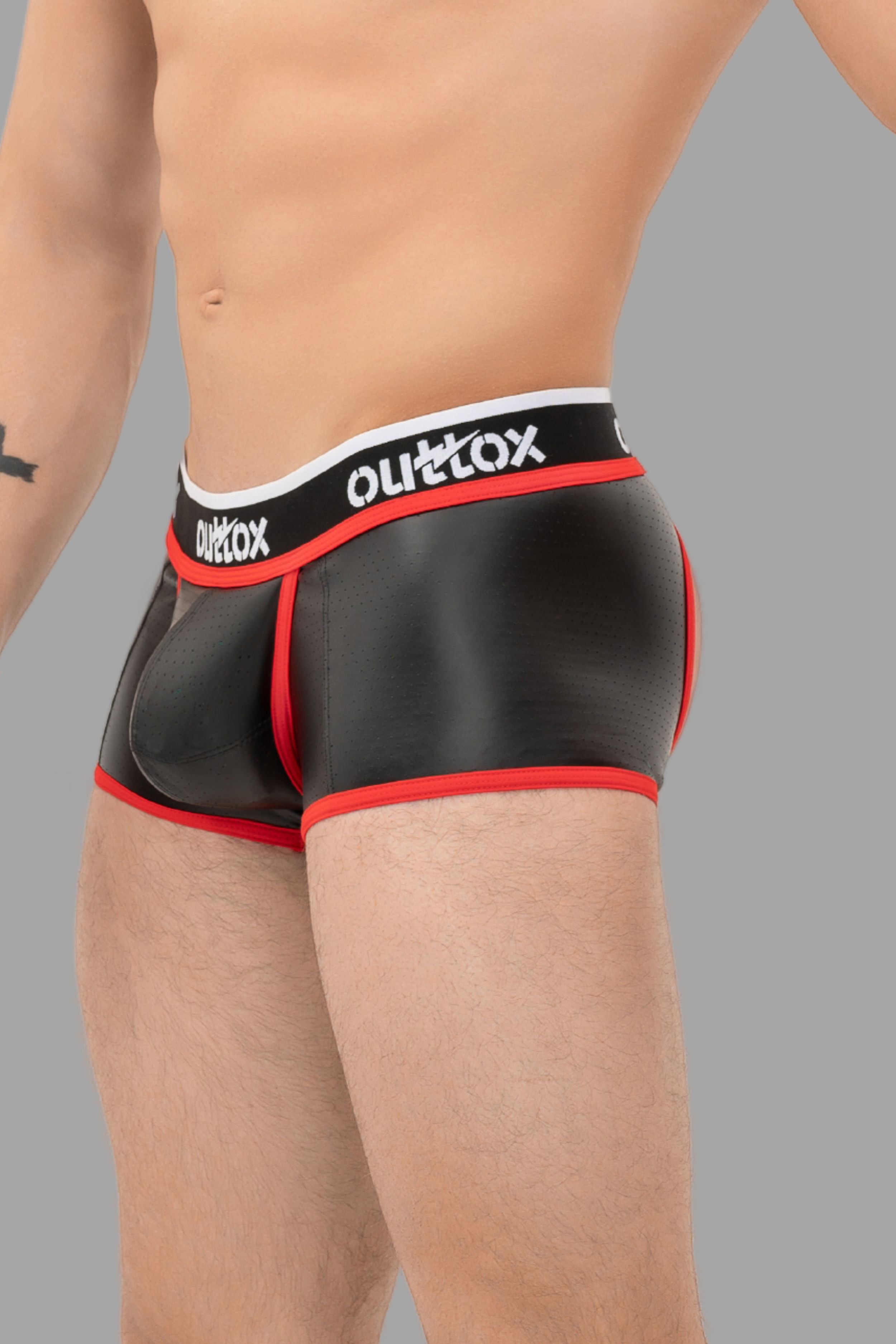 Outtox. Open Rear Trunk Shorts with Snap Codpiece. Black+Red