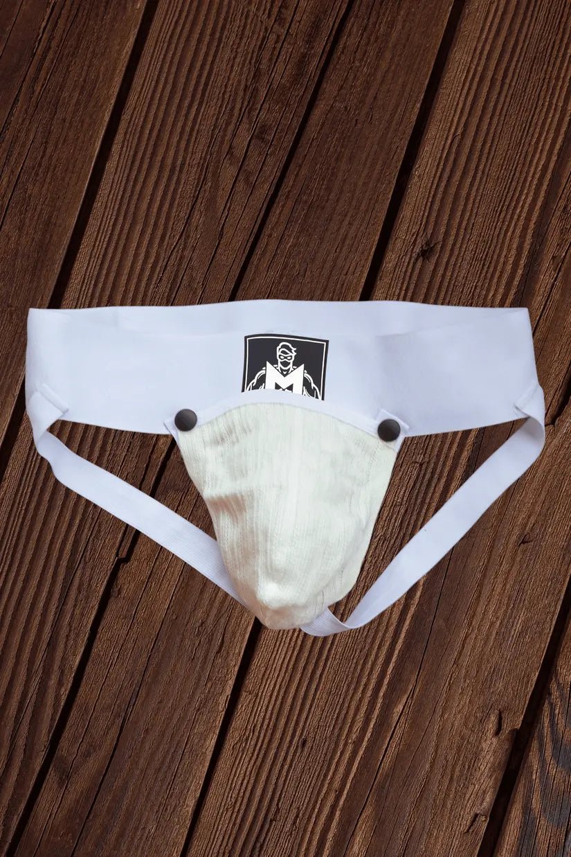 Maskulo Eugene Cyclone white jockstrap with removable mesh pouch on snap buttons. Rough design, wide waistband, polyester/cotton/Spandex.