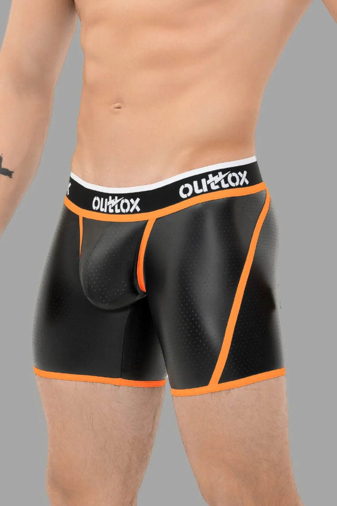 Outtox. Wrap - Rear Short Tights. Snap Codpiece. Black+Orange - Outtox - XSH112 - Y2 - Maskulo EU Global Online Store