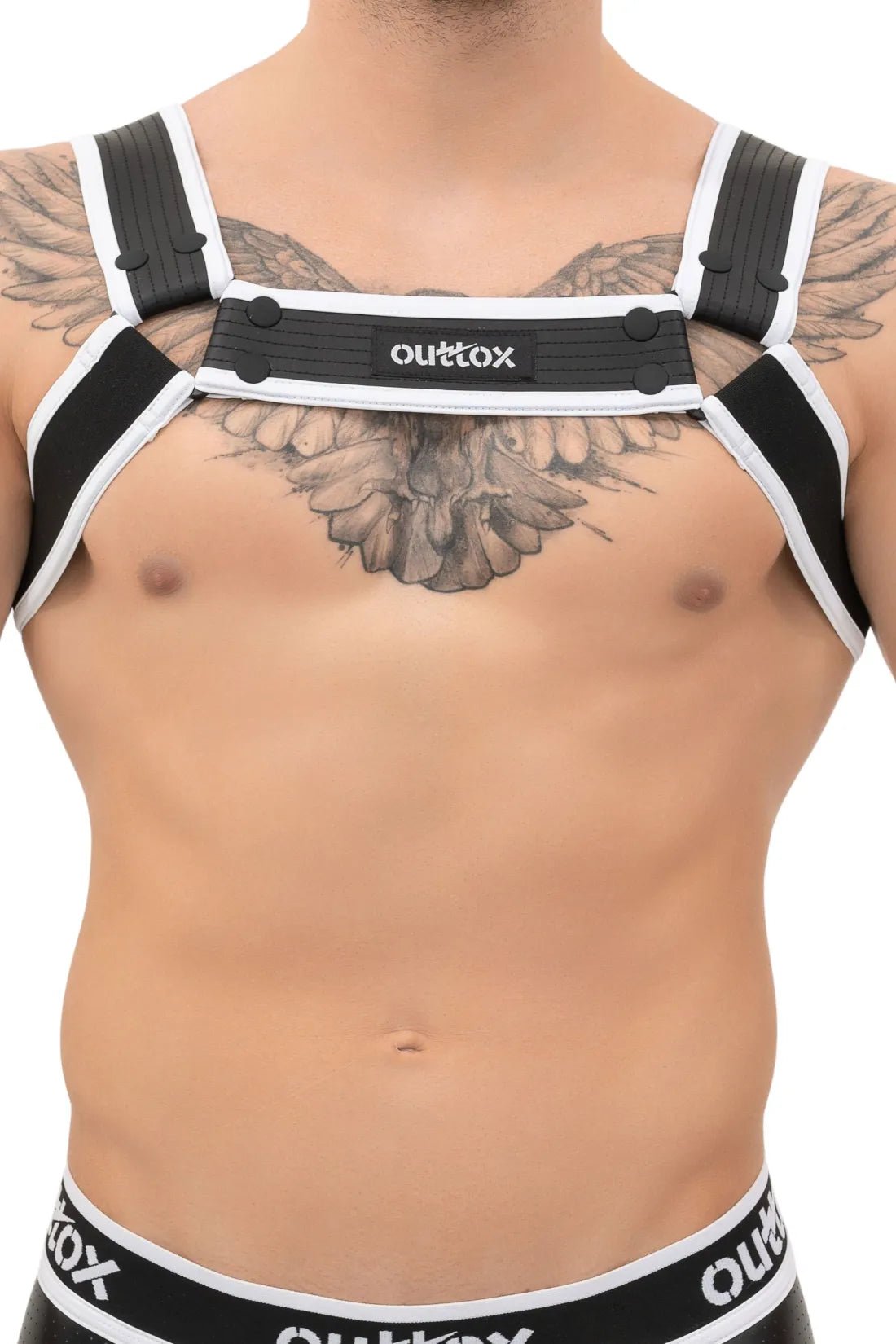 Outtox Bulldog Harness with Snaps in Black and White from Maskulo Global (EU) online store. Durable and stylish accessory for men.