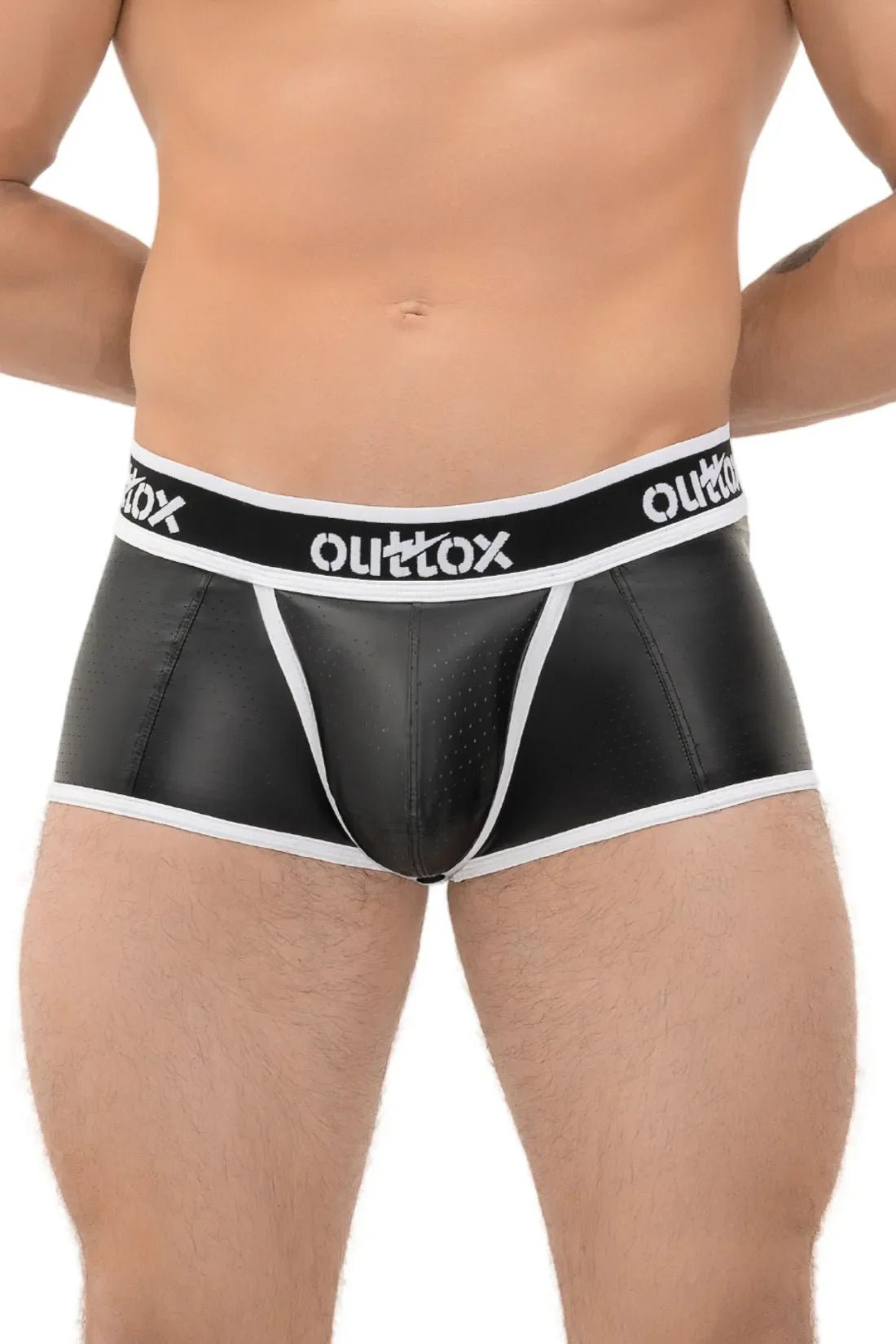 Outtox black and white open rear trunk shorts with snap codpiece, made of perforated stretch PU eco leather blend by Maskulo.